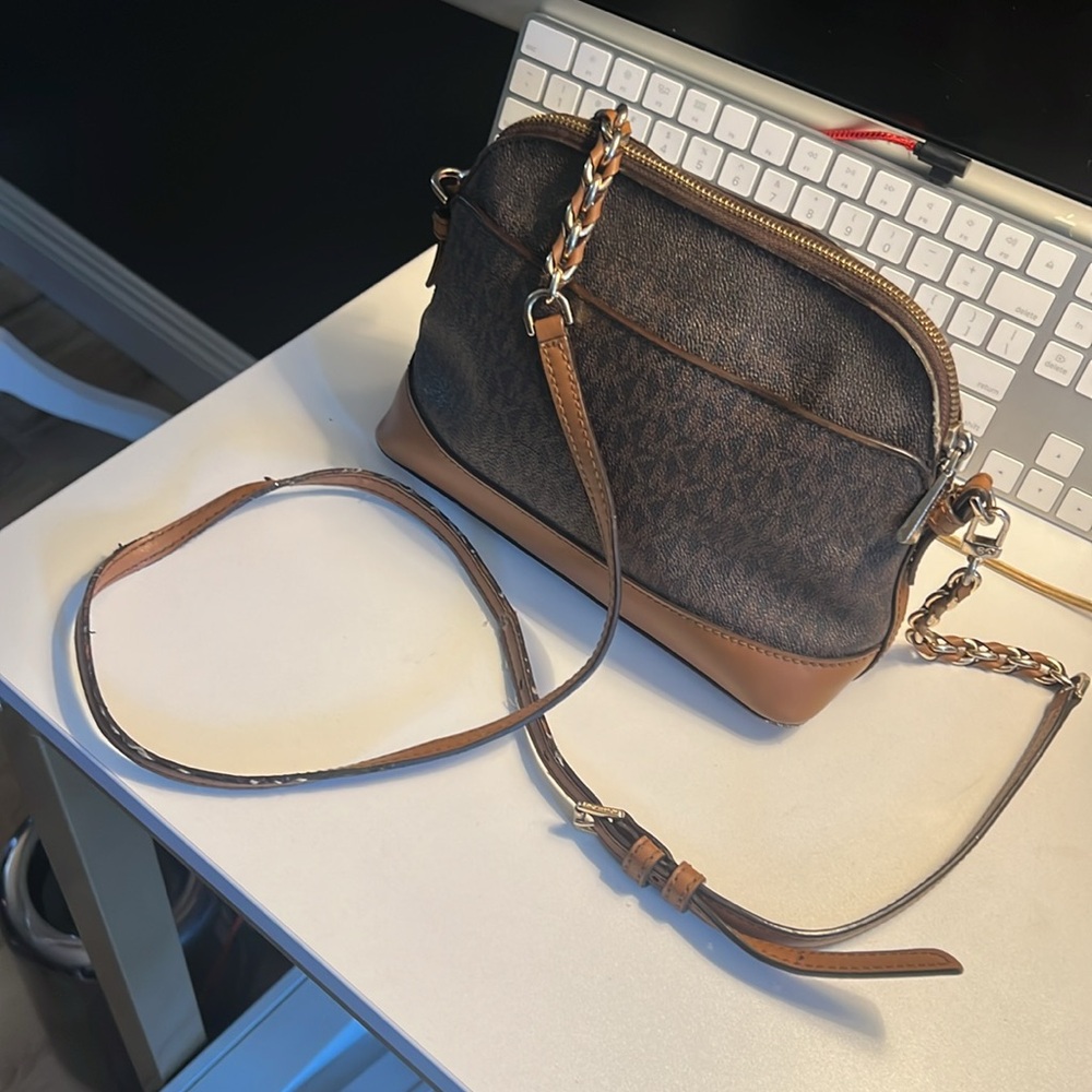 Michael Kors, Dark Brown and Tan Crossbody Bag, gold tone details - Picture 13 of 13